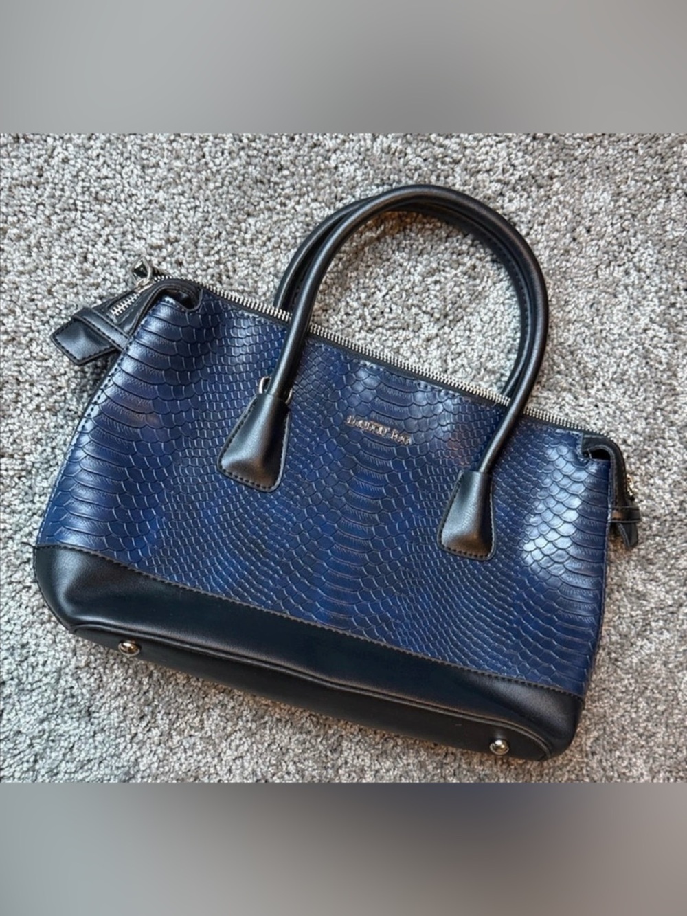 Dark Blue Faux-Snake Leather Satchel Bag